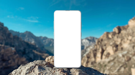 Front view smartphone with blank white screen on rocky mountain background and blue sky
