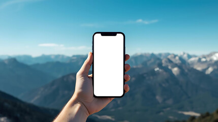 Front view smartphone with blank white screen on rocky mountain background and blue sky