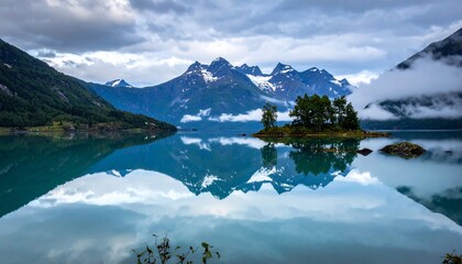 Stunning scenic panorama of a tranquil lake with snow-capped mountains reflecting
