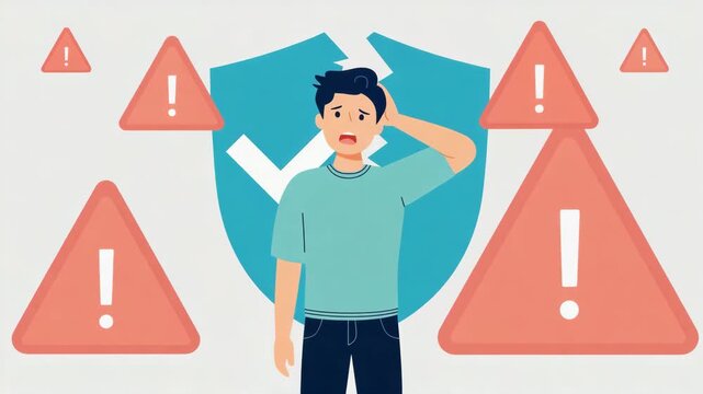 Flat Illustration of Worried Man Surrounded by Alert Signs Representing Cyber Security Risk or Anxiety
