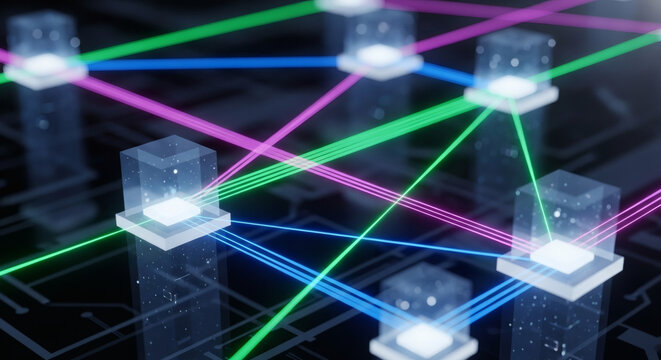 Digital network connections between glowing servers, visualizing data flow and abstract technology concepts on a circuit board background
