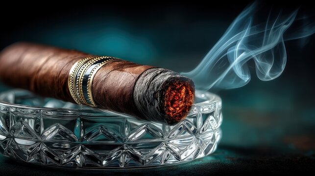 A close-up of a lit cigar resting in a crystal ashtray, with wisps of smoke curling upwards against a dark, moody background.