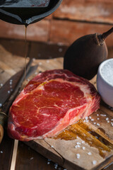 Wagyu Meat with Salt on Chopping Board