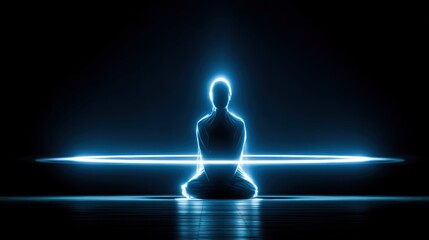 A glowing figure meditates in a dark space, surrounded by a luminous halo, symbolizing peace and inner harmony.