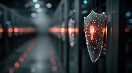 A futuristic data center featuring glowing shields, symbolizing cybersecurity and advanced technology, with a sleek, modern aesthetic.