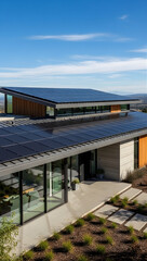 Naklejka premium Modern Residential Home Design Featuring Integrated Solar Panels on Sloping Rooflines