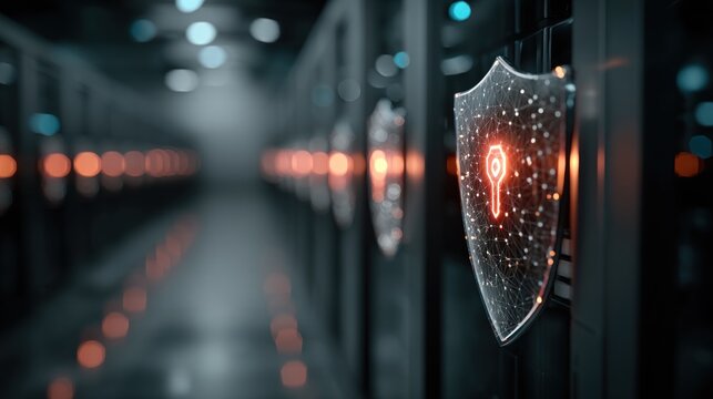 A futuristic data center featuring glowing shields, symbolizing cybersecurity and advanced technology, with a sleek, modern aesthetic.
