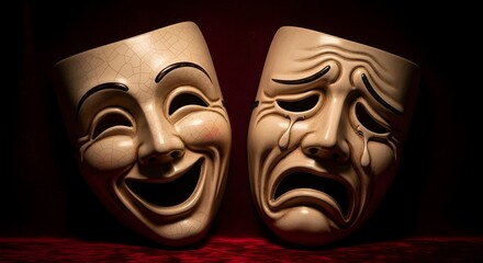 Theatrical masks with happy and sad expressions on a dark background