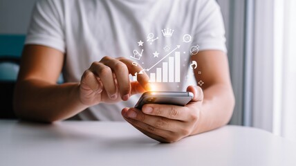Hands using smartphone with rising graph, business success visualized