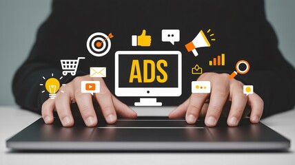 Digital marketing strategy with ads icons and hands on laptop