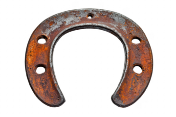 Rusty horseshoe with nail holes isolated on a transparent background