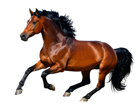 Glossy, bay horse gallops powerfully across a black background, showcasing its muscular physique and flowing mane