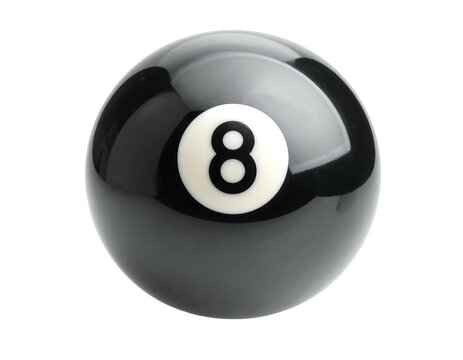 Glossy, black 8-ball with white number, reflecting light on a dark background. Round, smooth, perfect for billiards game