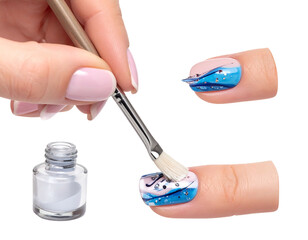 A hand paints blue, pink and white wave pattern on fingernails. A jar of white paint is visible