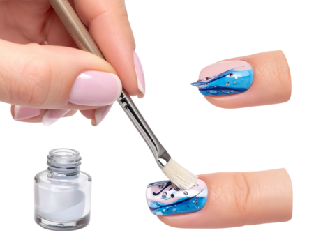 A hand paints blue, pink and white wave pattern on fingernails. A jar of white paint is visible