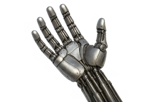 Robot hand showing metallic cyborg finger and thumb articulations, conceptualizing artificial intelligence and future technology