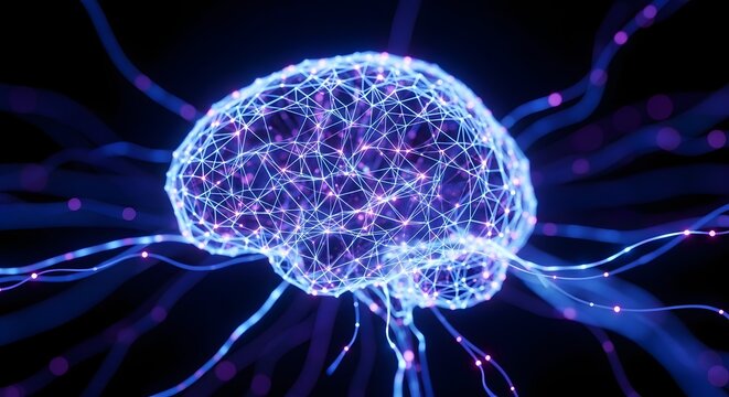 Glowing blue and purple neural network with connections on a dark background. - Powered by Adobe