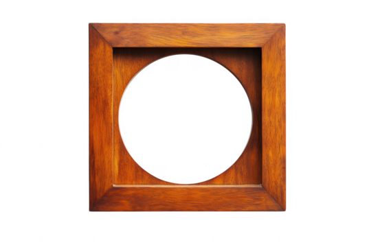 Wooden square frame circular opening isolated on a transparent background