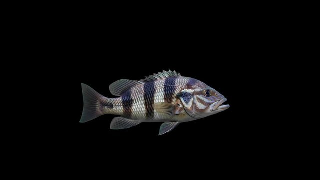3D Nassau grouper Fish swimming side view loop Animation on black screen or alpha matte, 60fps, 4k Epinephelus striatus Fish float on alpha channel, including at the end of the clip with Alpha matte