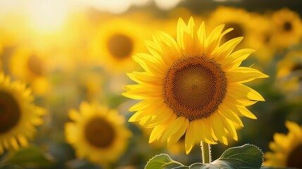 Close up of a vibrant sunflower in a field during golden hour