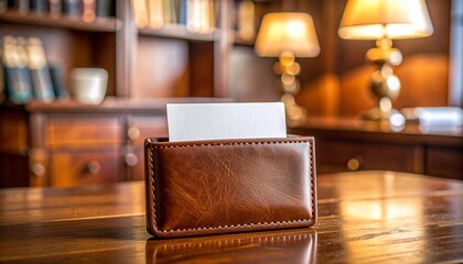 Business card holder on a wooden table in a room with warm lighting