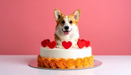 A Delightful Corgi Adorning a Cake Decorated with Hearts on a Pink Backdrop