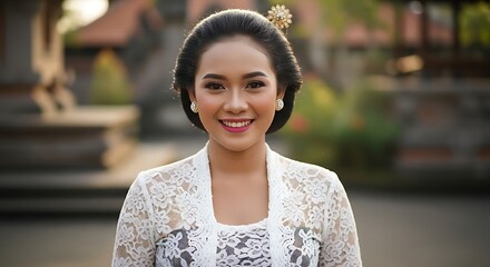 A closeup portrait of a happy Javanese woman smiling warmly, wearing traditional kebaya with intricate batik patterns, natural light highlighting her face, ultra detailed and authentic, 8k resolution
