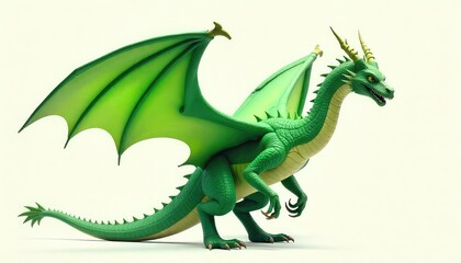 A green dragon with wings spread wide standing on a white surface in a well lit environment
