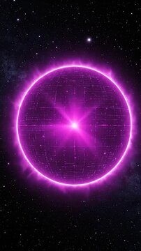 A glowing purple sphere with a grid pattern and bright center against a starry sky