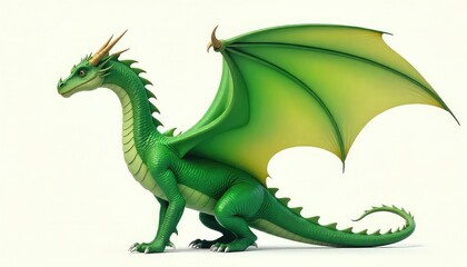 Fototapeta premium A green dragon with large wings and horns standing on a white background in a side view pose