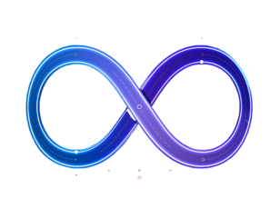 Gradient infinity loop. Blue to purple. Light trails. Dotted line. Black background. Soft glow. Abstract art