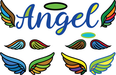 Obraz premium Colorful angel wings and text collection for creative design projects and artwork vector