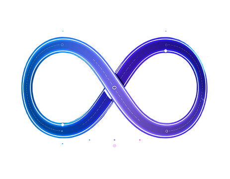 Gradient infinity loop. Blue to purple. Light trails. Dotted line. Black background. Soft glow. Abstract art