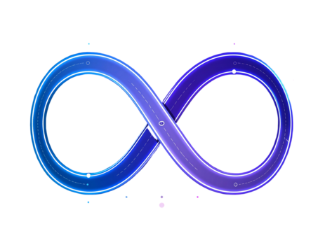 Gradient infinity loop. Blue to purple. Light trails. Dotted line. Black background. Soft glow. Abstract art