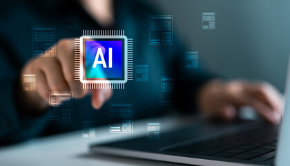 Close-up hand of person interacting with digital AI chip on laptop. Artificial intelligence,...