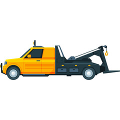 Yellow and Dark Gray Tow Truck Vehicle on a Transparent Background Featuring a Crane Arm and Hook Ready for Transport
