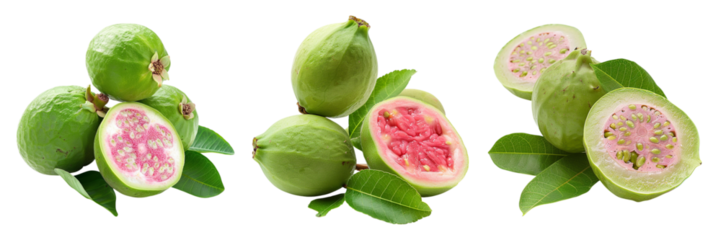 Exotic fresh guava fruit slices, showcasing vibrant pink pulp seeds