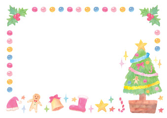 Christmas frame with gentle watercolor hand-drawn illustrations - white background