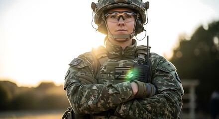 A portrait of a young woman in army camouflage uniform, soft smile and natural outdoor light, realistic skin texture and fabric details, 8k
