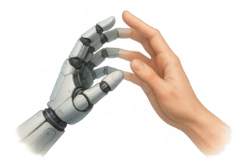 Human and robot hands touching, showing connection, artificial intelligence, and future cyborg technology integration