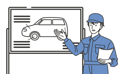 Automotive engineer explaining repair details on whiteboard illustration