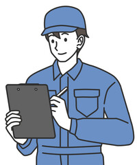 Engineer writing report in blue work clothes