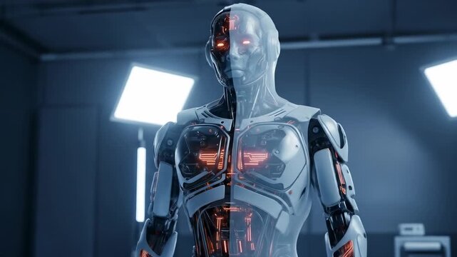 A detailed render of a humanoid robot, split down the middle showing inner workings