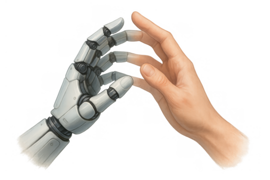 Human and robot hands touching, showing connection, artificial intelligence, and future cyborg technology integration