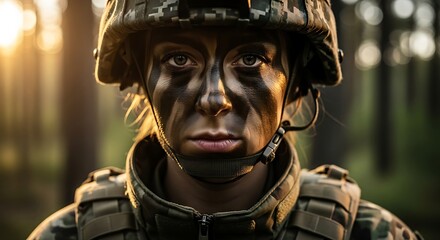 A woman in camouflage outfit wearing helmet and tactical vest, closeup with dramatic lighting highlighting facial expression, realistic and strong, 8k
