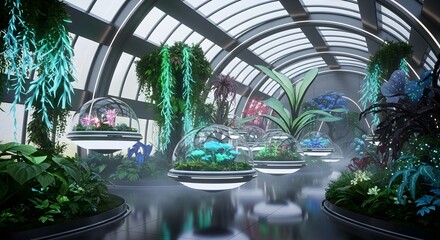Naklejka premium A Futuristic indoor garden showcasing a variety of plants, set within a modern greenhouse environment. The scene is illuminated with a soft, ethereal glow.