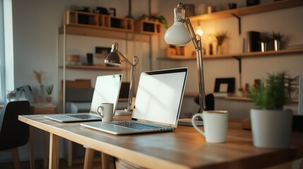 systematizing. A shared minimalist workstation with two laptops and matching coffee cups under soft lighting. lifestyle magazines.