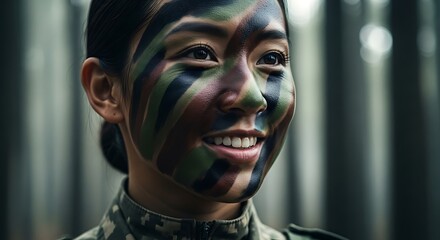 A closeup portrait of a confident woman soldier wearing camouflage uniform and cap, soft natural lighting highlighting determination in her eyes, ultra detailed, 8k resolution