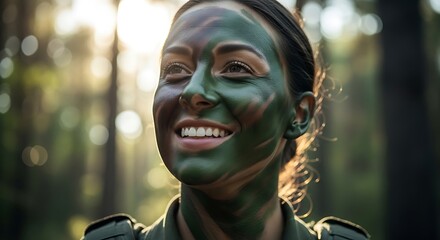 A closeup portrait of a confident woman soldier wearing camouflage uniform and cap, soft natural lighting highlighting determination in her eyes, ultra detailed, 8k resolution
