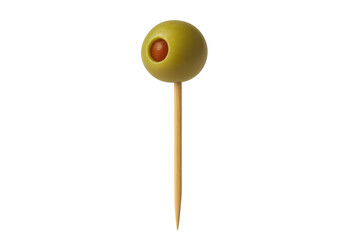 Green pimento stuffed olive on toothpick for cocktail garnish, appetizer, and snack concept